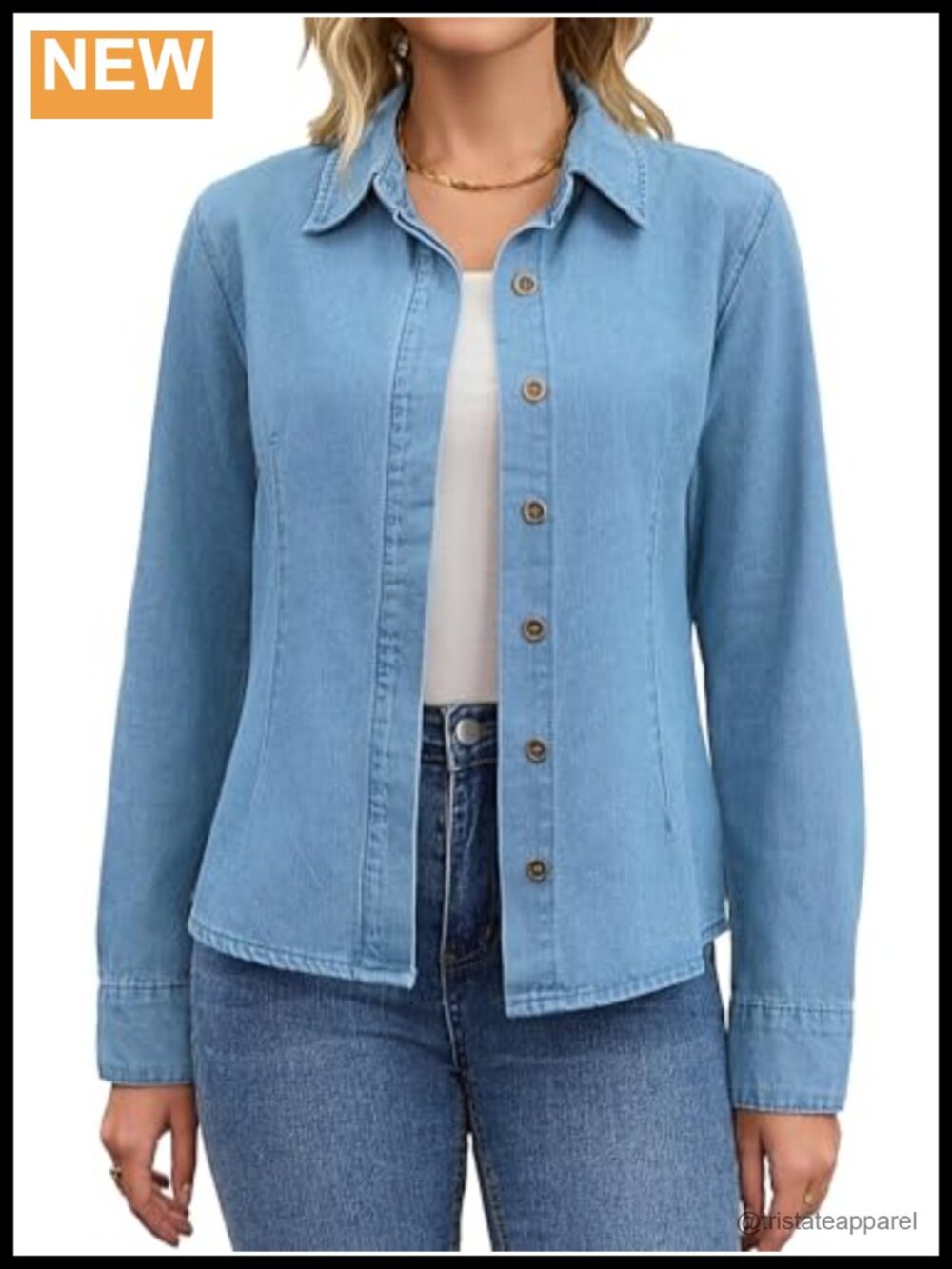 Womens Long Sleeve Denim Shirt Fitted Point Collar Button Down Top